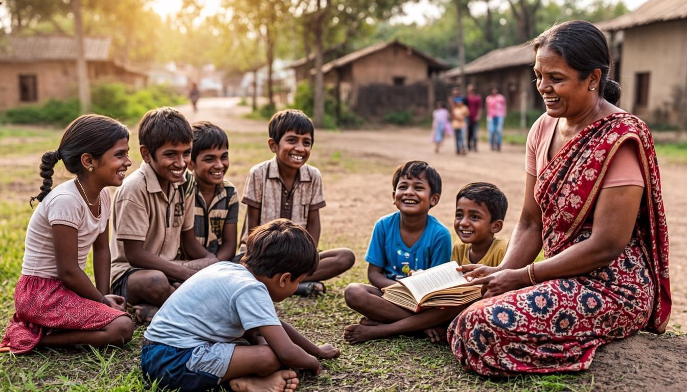 Children learning and playing together in a village session