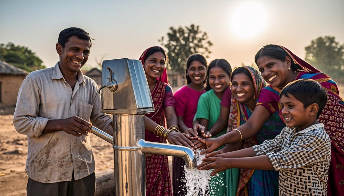 Villagers collecting water from a handpump